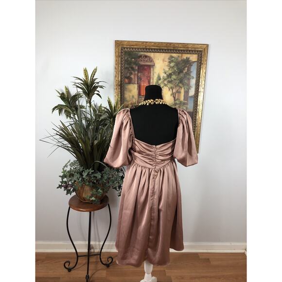 Labiz Woman Dress Puff 1/2 Sleeve Babydoll Dress Pink Pleated Square Neck Zip - Picture 3 of 8